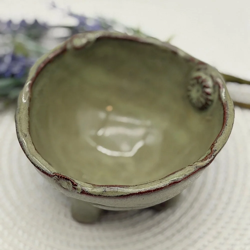 Handmade Studio Pottery Sage Green Glazed Footed Bowl Wavy Rim Wabi Sabi 4.5